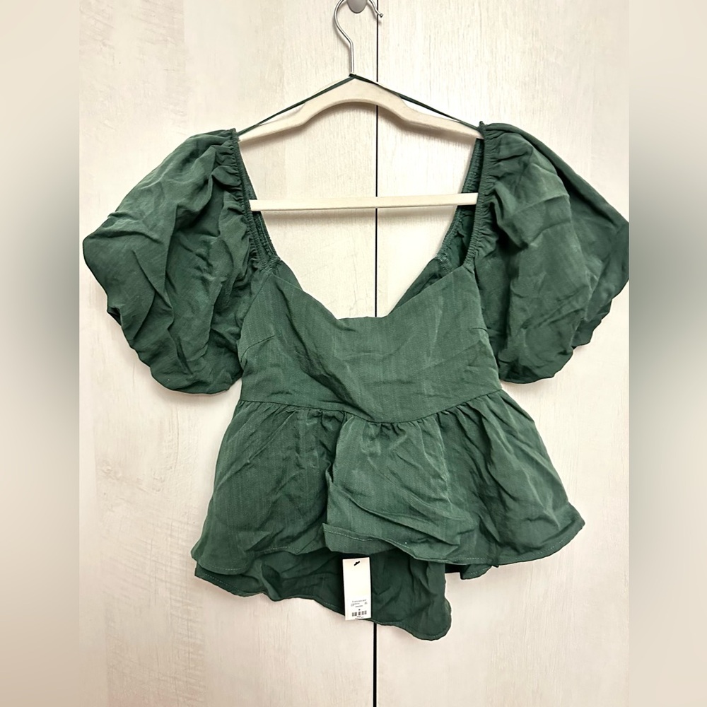 Francesas forest green puffy sleeve tie back blouse